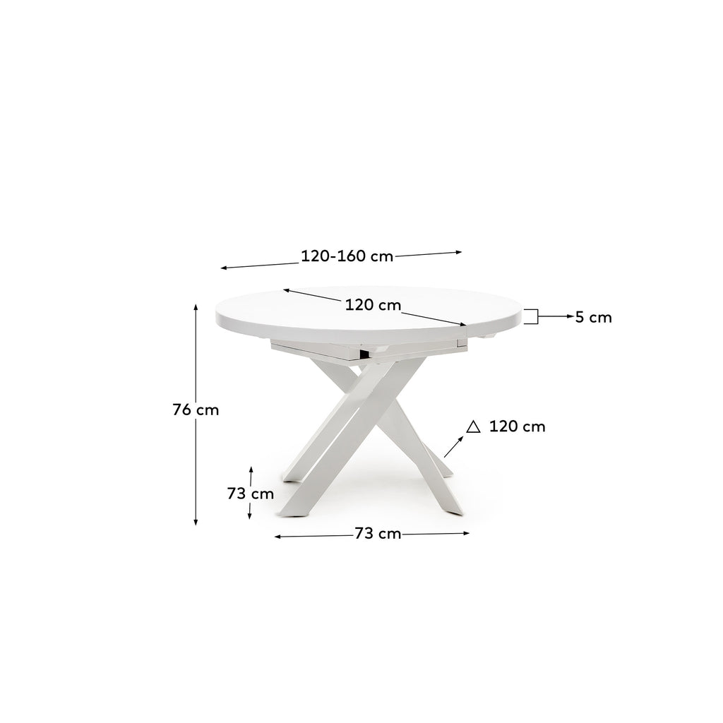 Table extensible ronde Vashti en verre MDF pieds en acier finition blanche Ø120(160)x120cm