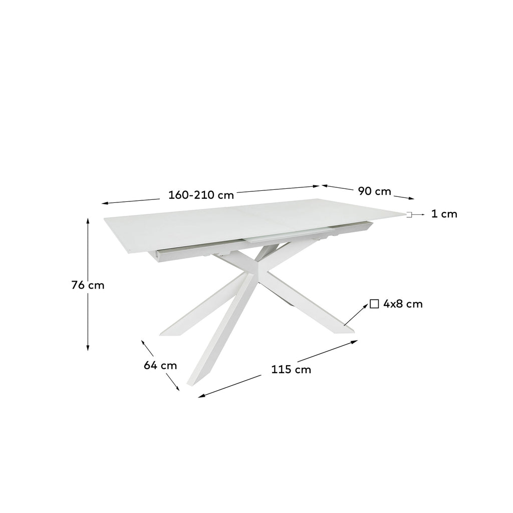 Table extensible Atminda verre trempé et pieds en acier finition blanche 160 (210) x 90 cm