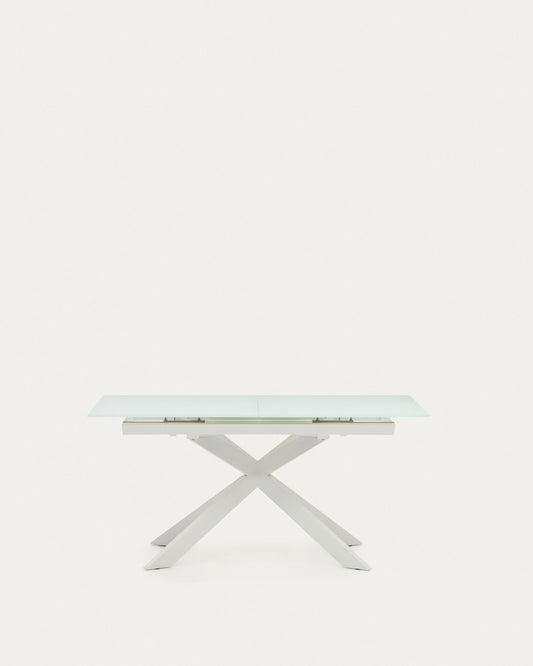 Table extensible Atminda verre trempé et pieds en acier finition blanche 160 (210) x 90 cm