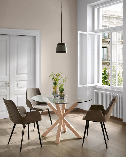 Table ronde Argo en verre et pieds en acier effet bois Ø 119 cm