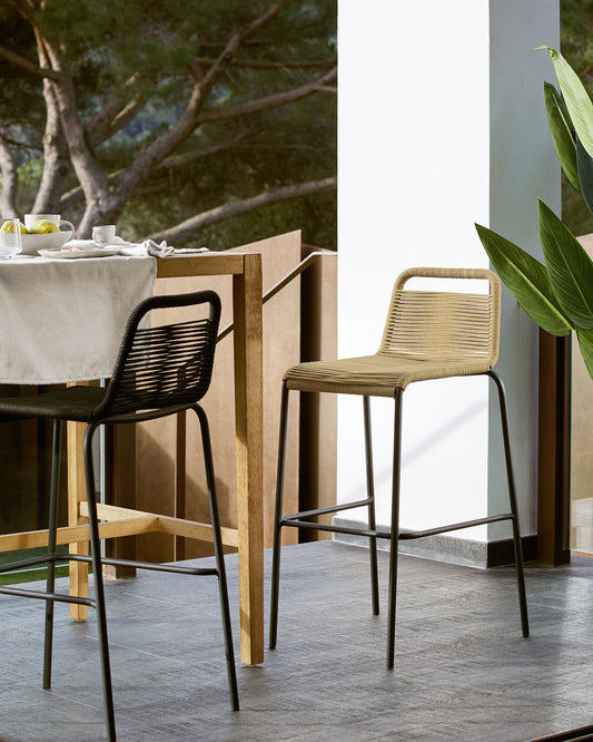 Tabouret Lambton en corde marron et acier finition noire hauteur 74 cm