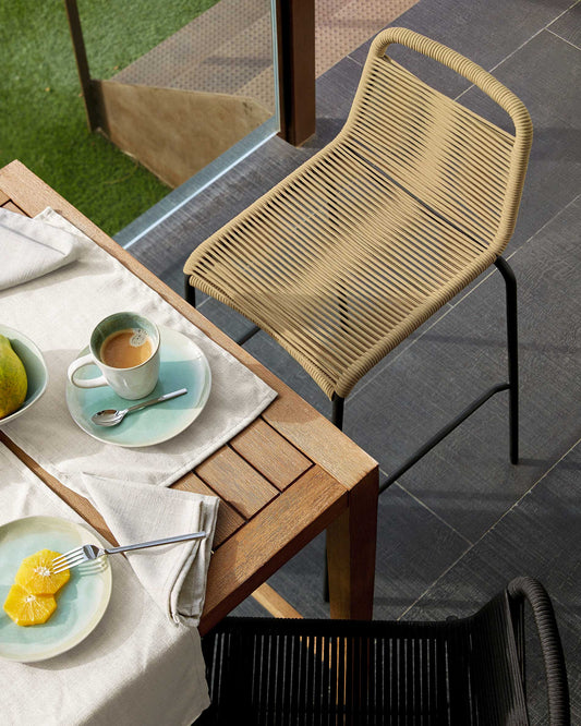 Tabouret Lambton en corde marron et acier finition noire hauteur 62 cm