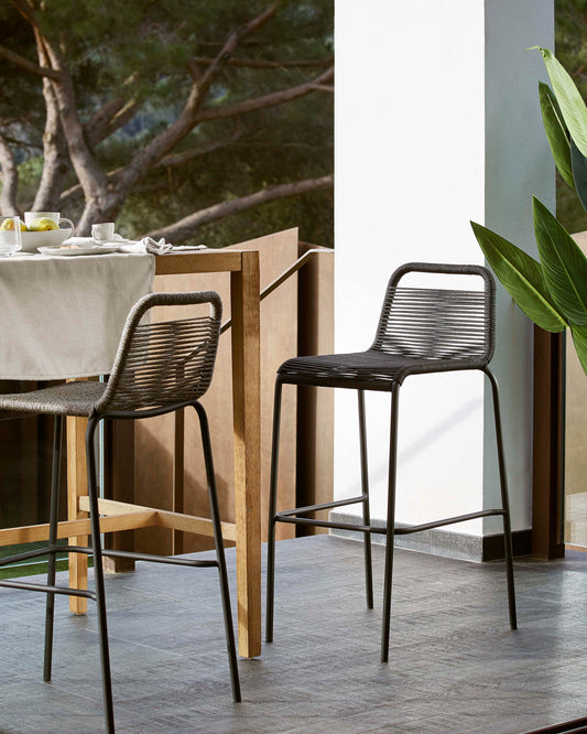 Tabouret Lambton en corde noire et acier finition noire hauteur 74 cm