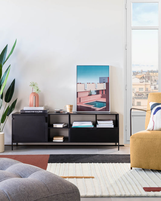 Meuble TV Shantay 1 porte et 1 tiroir en métal avec finition noire 150 x 50 cm