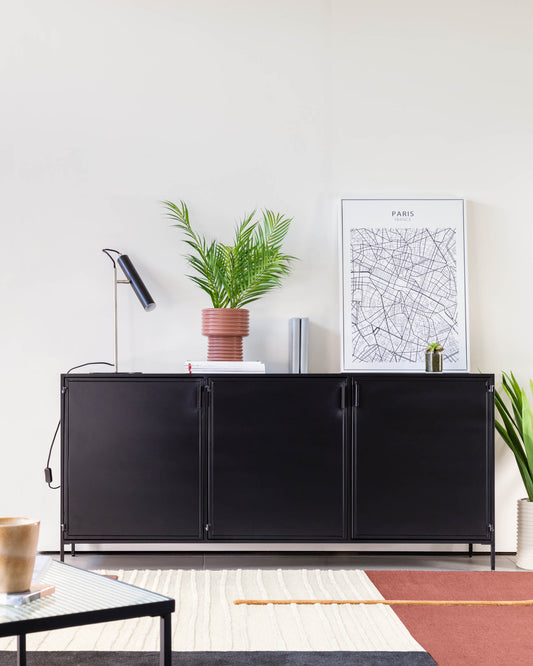 Buffet Shantay 3 portes en acier finition peint noir 160 x 72 cm