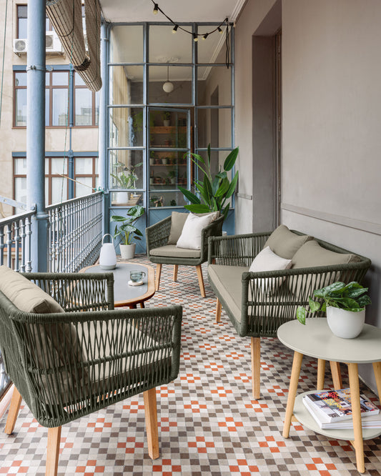 Ensemble de jardin Inti d’un canapé 2 places et 2 fauteuils en corde verte FSC 100 %