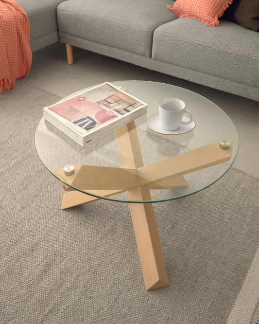 Table basse Lotus Ø 65 cm verre et pieds en chêne