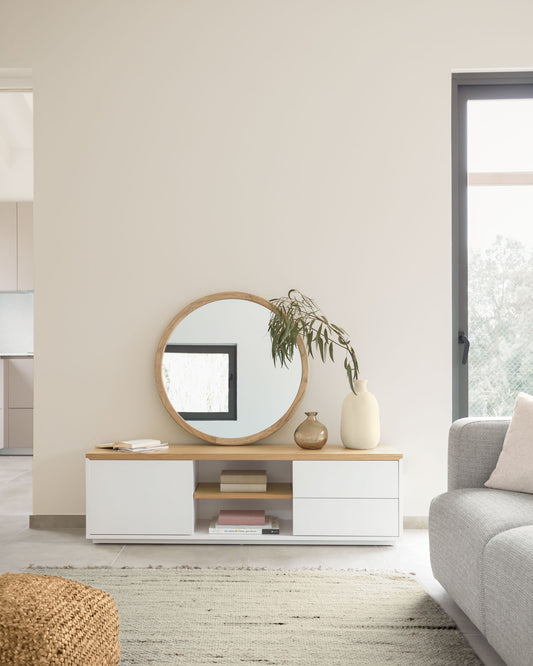 Meuble TV Abilen 1 porte et 2 tiroirs placage de chêne et laqué blanc 150 x 44 cm FSC 100%
