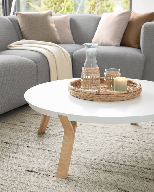 Table basse Dilos en frêne et laqué blanc Ø 90 cm