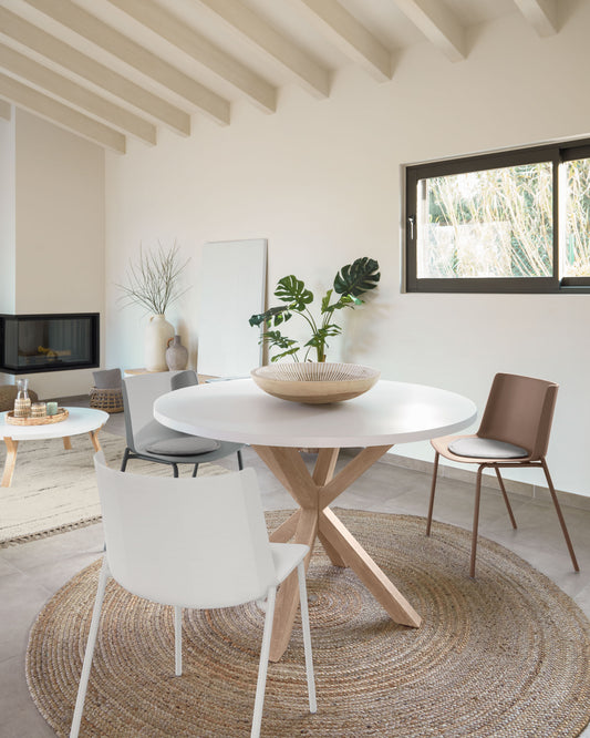 Table ronde Argo en mélaminé finition blanche et pieds en acier effet bois Ø 120 cm