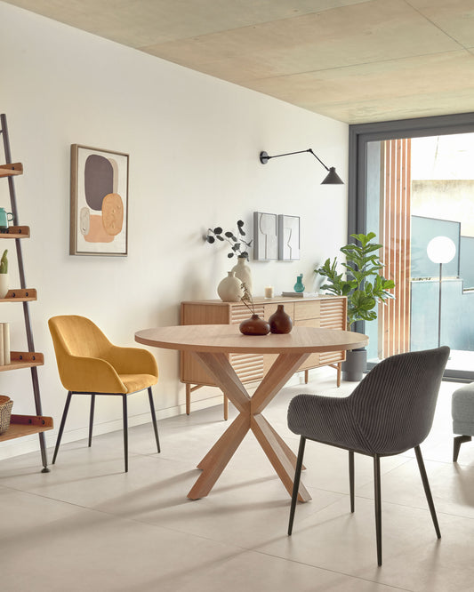 Table ronde Argo en mélaminé finition naturelle et pieds en acier effet bois Ø 120 cm