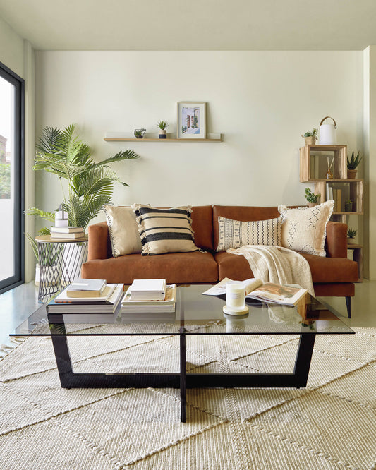 Table basse Plam en verre noir et structure en acier noir 120 x 70 cm