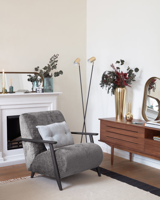 Fauteuil Meghan en chenille gris et bois finition wengé