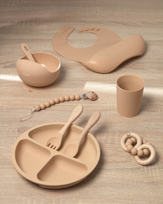Lot Epiphany d'une attache-tétine et anneau de dentition en silicone beige et bois