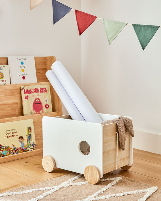 Chariot de rangement Bianina en pin naturel et MDF blanc