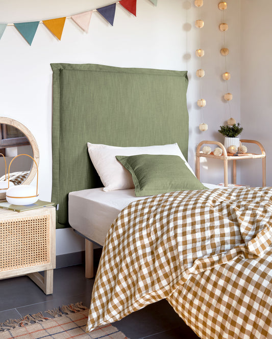 Tête de lit déhoussable Tanit en lin vert pour lit de 90 cm