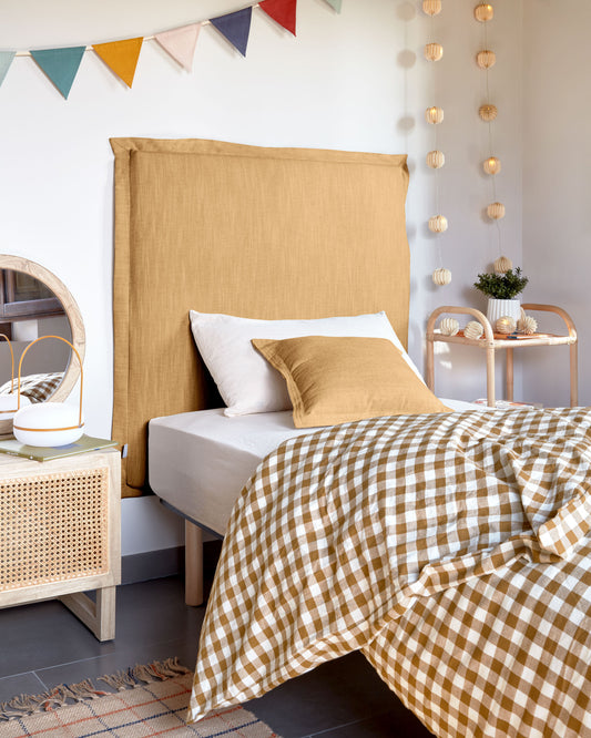 Tête de lit déhoussable Tanit en lin jaune moutarde pour lit de 90 cm