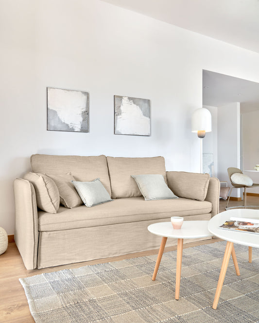 Canapé-lit Tanit beige pieds en bois de hêtre finition naturelle 210 cm FSC Mix Credit