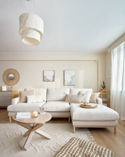 Canapé Mihaela 3 places avec méridienne à droite en micro bouclette blanche 264 cm FSC Mix Credit