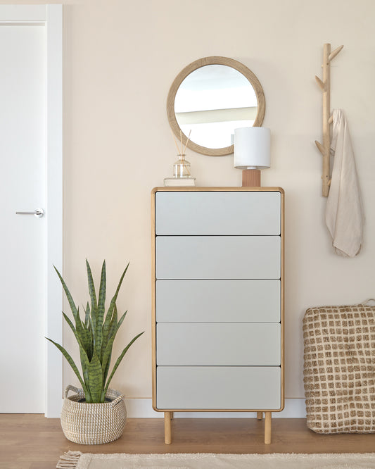 Commode Anielle de 5 tiroirs en bois et placage de frêne 60 x 117 cm