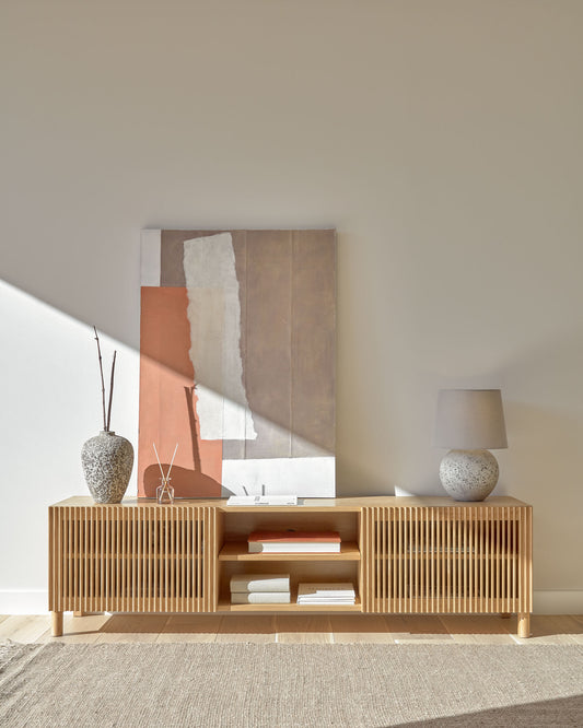 Meuble TV Beyla 2 portes en bois de frêne et placage de chêne 180 x 49,5 cm FSC 100 %
