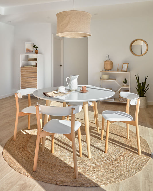 Table extensible ronde Oqui MDF laqué blanc et pieds bois hêtre 120(200)x120 cm