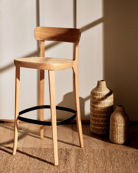 Tabouret Romane bois de hêtre naturel avec placage de frêne et rotin hauteur 75 cm