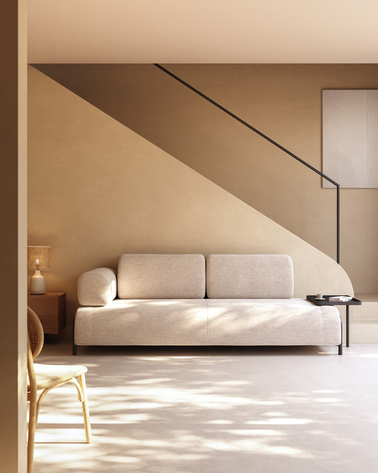 Canapé 3 places beige grisâtre Compo avec grand plateau 252 cm
