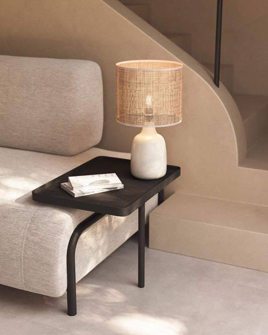 Lampe de table Erna en céramique blanche et bambou finition naturelle