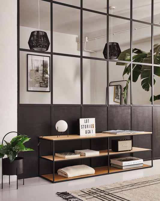 Meuble TV Yoana en placage de chêne et structure en métal noir 160 x 40 cm