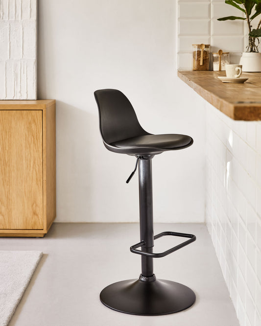 Tabouret Orlando - T en polyuréthane noir et acier noir mat 60-82 cm