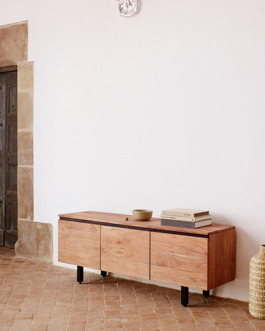 Meuble TV Uxue 3 portes en bois d'acacia finition naturelle 150 x 58 cm