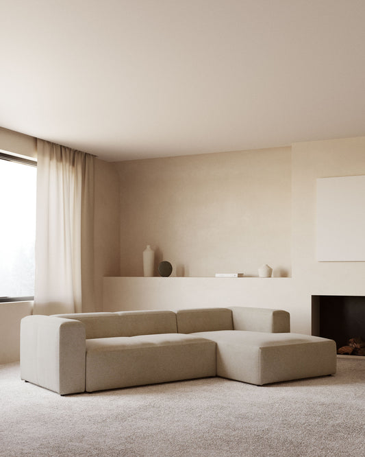 Canapé Blok 4 places en chenille avec méridienne droite beige 330 cm – Certifié FSC Mix Credit