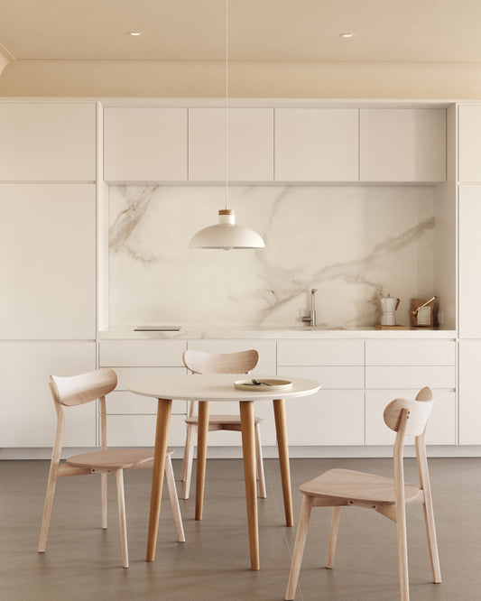 Table extensible ronde Oqui MDF laqué blanc et pieds bois de hêtre 90 (170) x 90 cm