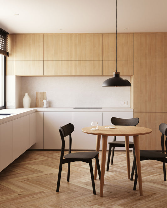 Table extensible ronde Oqui MDF en placage de chêne et pieds bois 90 (170) x 90 cm