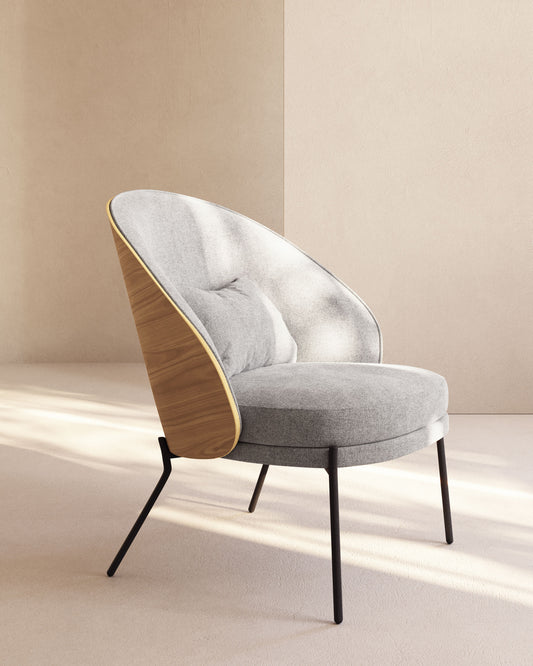 Fauteuil Eamy gris clair placage de frêne naturel et métal finition noire