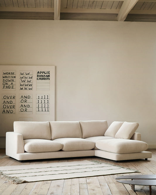 Canapé Gala 4 places en chenille beige avec méridienne droite 300 cm – Certifié FSC Mix Credit