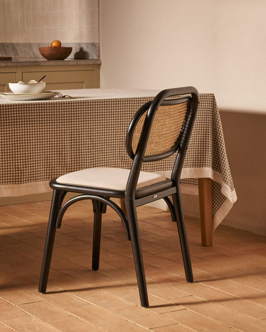 Chaise Doriane en bois d'orme finition laqué noir et siège en tissu