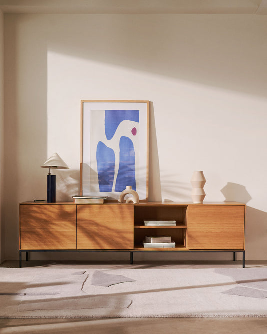 Meuble TV Vedrana 3 portes placage de chêne et pieds en acier noir 195 x 55 cm