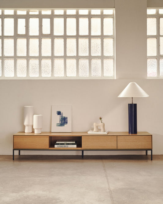 Meuble TV Vedrana 3 tiroirs placage de chêne et pieds en acier noir 195 x 35 cm