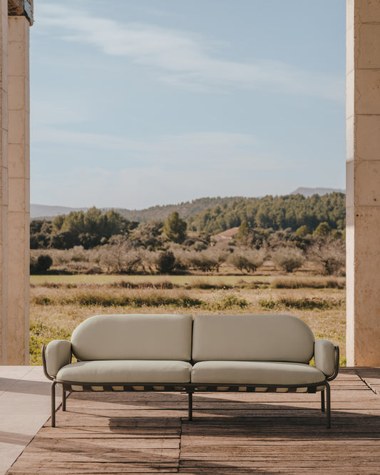 Canapé d’extérieur Joncols 3 places en aluminium avec finition peinte verte et coussins beiges 224 cm