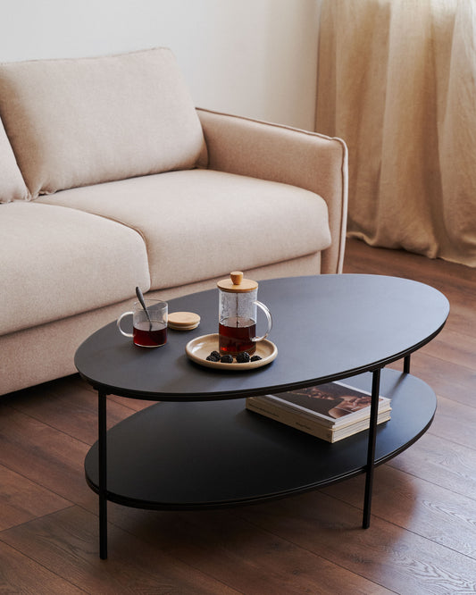 Fideia tempered glass and metal coffee table with a glossy black finish, Ø 110 cm