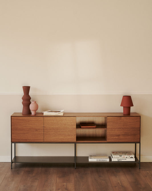 Buffet Vedrana 3 portes placage de noyer et pieds en acier noir 195 x 80 cm