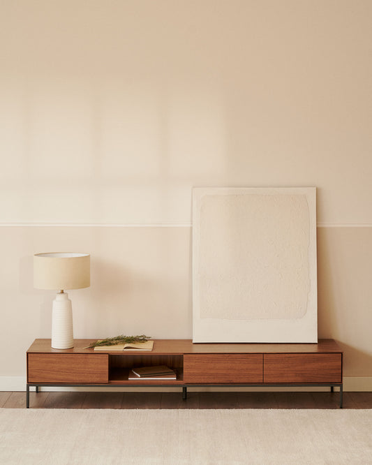 Meuble TV Vedrana 3 tiroirs placage de noyer et pieds en acier noir 195 x 35 cm