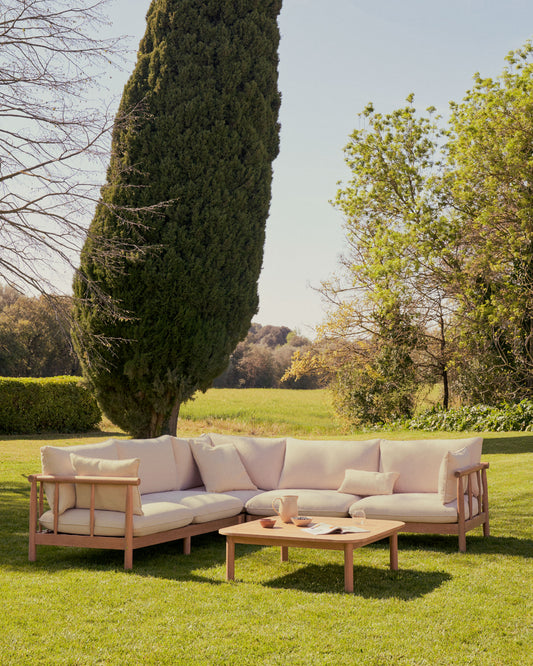 Ensemble Sacova canapé d'angle 5 places et table basse en bois d'eucalyptus