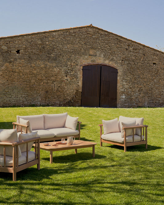 Sacova ensemble de 2 fauteuils, canapé 2 places et table basse en bois d'eucalyptus FSC