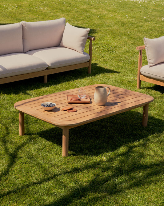 Table basse 100 % d'extérieur Sacova en bois d'eucalyptus 140 x 89 cm