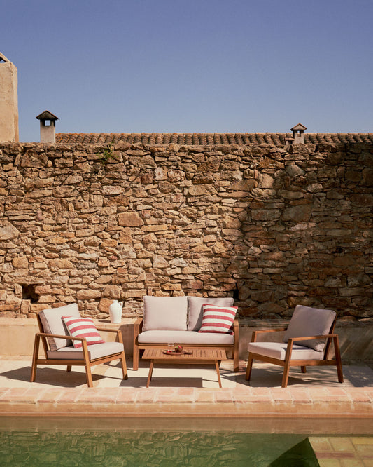 Ensemble Frares de canapé 2 places, 2 fauteuils et table basse en bois d'acacia