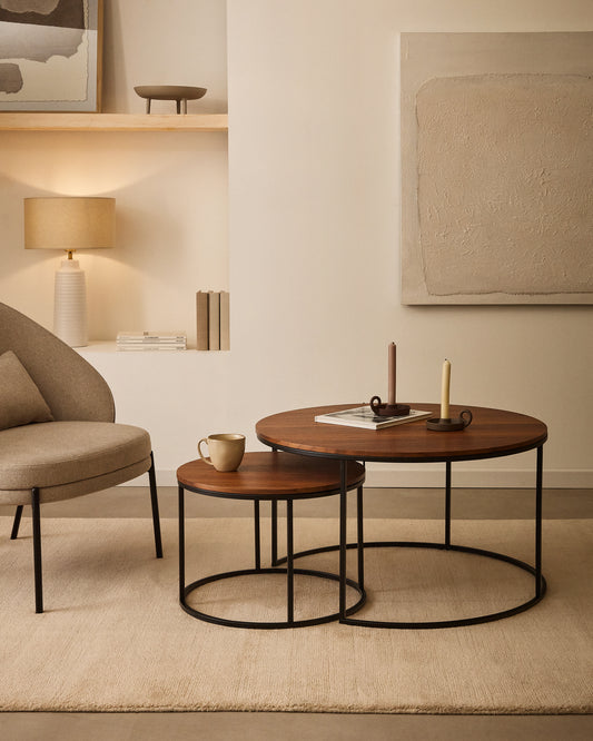 Ensemble 2 tables d'appoint gigognes Yoana placage de noyer et métal noir Ø 80 cm/Ø 50 cm