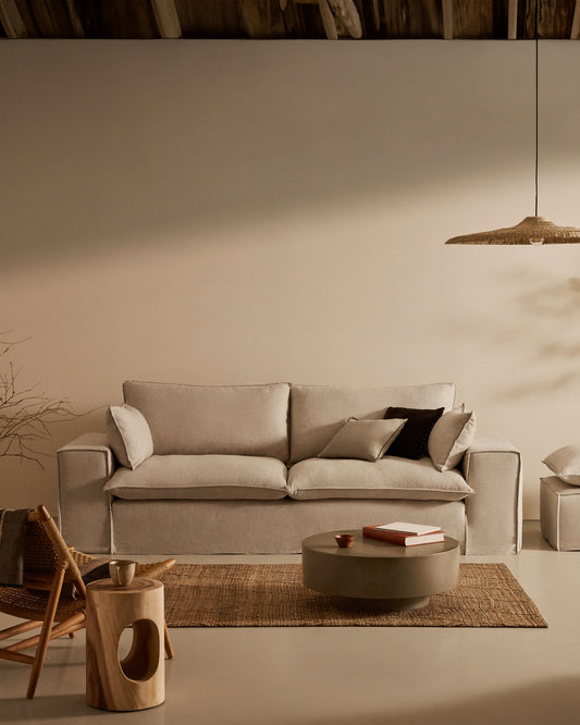 Anarela removable-cover 3-seater sofa with beige linen cushions FSC Mix Credit 280 cm.